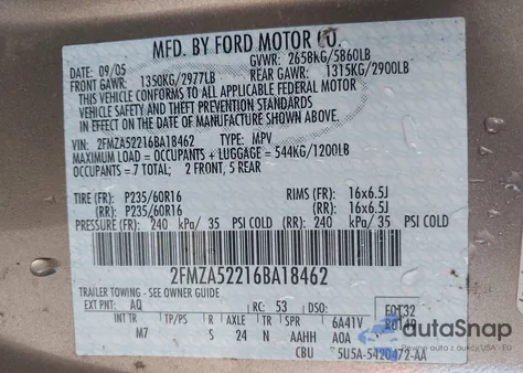 2006 Ford Freestar Sel from USA, damaged, VIN 2FMZA52216BA18462